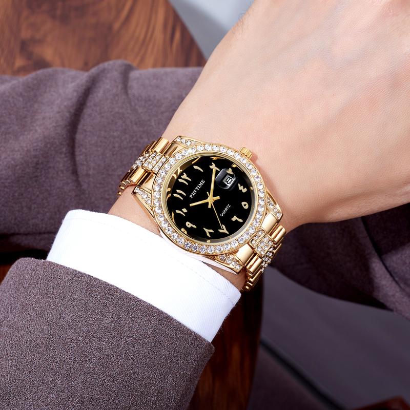 Hot-Selling Men's Business Personality Hip-Hop Roman Numeral Full Diamond Waterproof Steel Band Quartz Watch