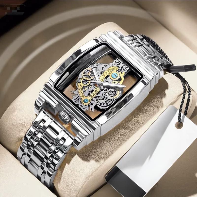 Hollow Design Wine Barrel Gear Men's Watch Business Hollow Perspective Tourbillon Watch Personality Waterproof Luminous Business Watch Gift for Holidays