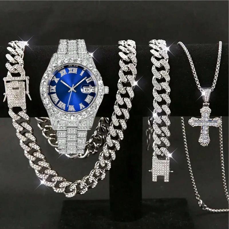 New Three-Color Watch Set with Diamond-Studded Watch + Cuban Necklace Bracelet + Cross Necklace Four-Piece Set