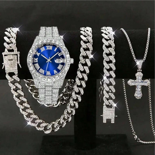 New Three-Color Watch Set with Diamond-Studded Watch + Cuban Necklace Bracelet + Cross Necklace Four-Piece Set