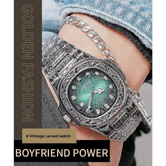 Men's Watch Carved Nautilus Quartz Watch Calendar Men's Business Fashion Watch