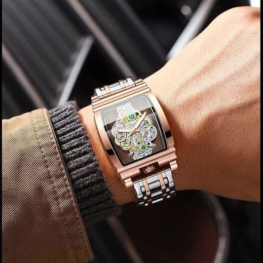 Hollow Design Wine Barrel Gear Men's Watch Business Hollow Perspective Tourbillon Watch Personality Waterproof Luminous Business Watch Gift for Holidays