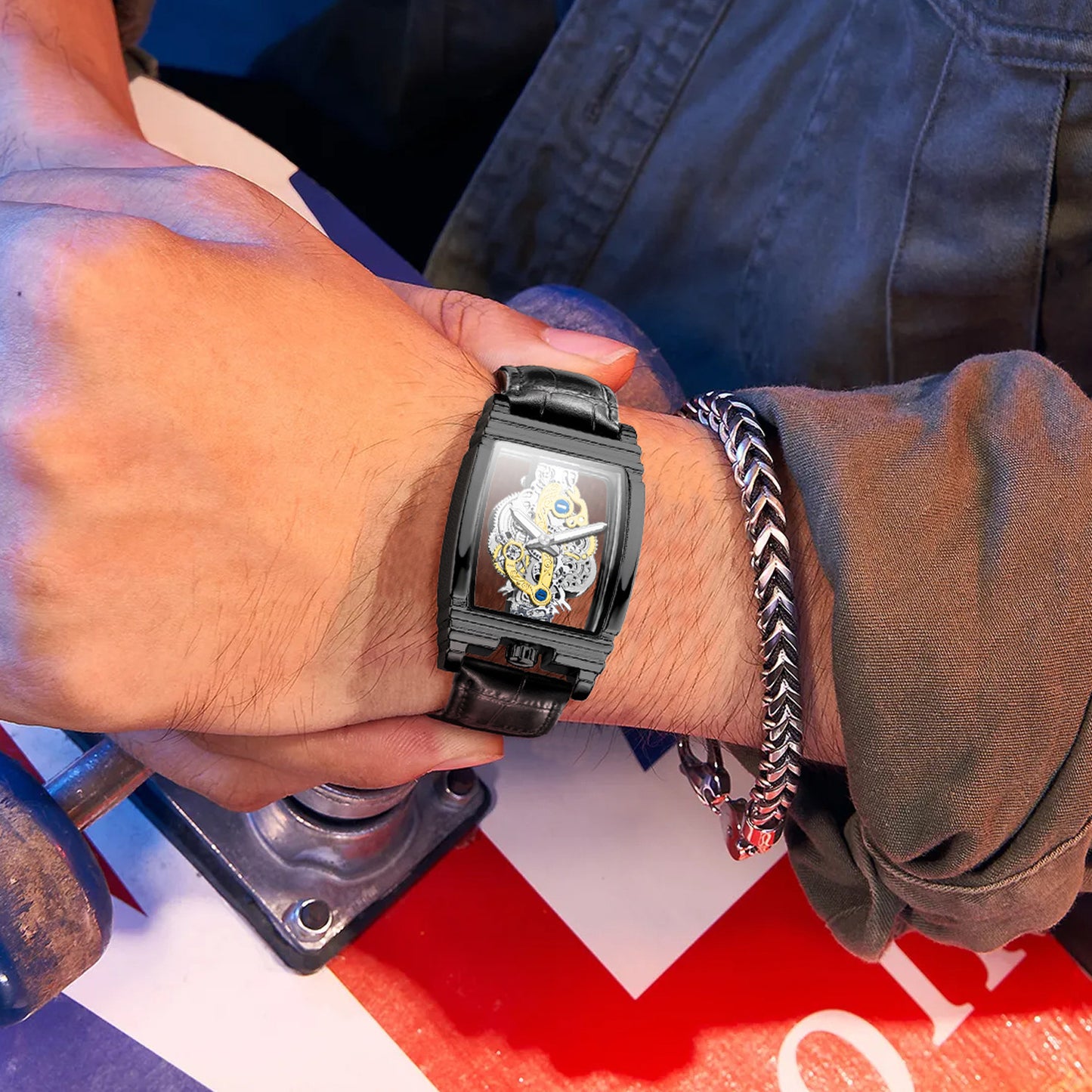 Fashion Barrel Motorcycle Gear Bar Hollow Tourbillon Leather Watch for Men, Personalized, Waterproof, Luminous, Couples Wristwatch