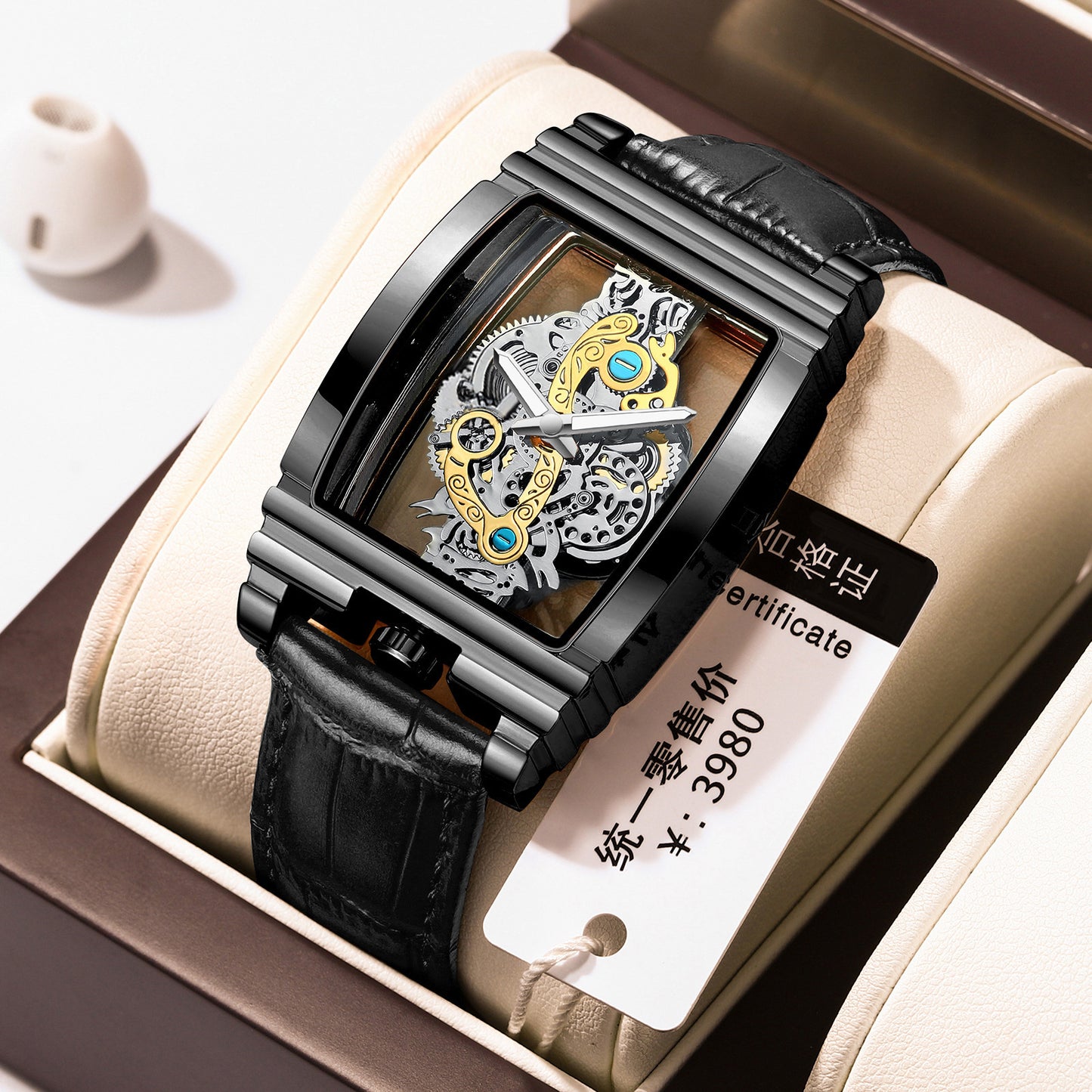 Fashion Barrel Motorcycle Gear Bar Hollow Tourbillon Leather Watch for Men, Personalized, Waterproof, Luminous, Couples Wristwatch