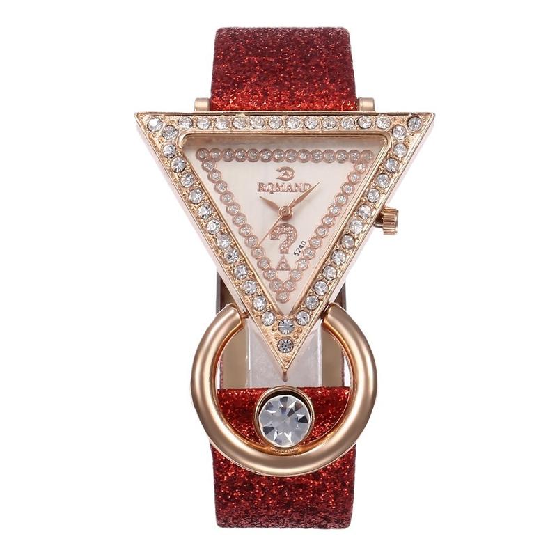 2025 New Inverted Triangle Diamond-Encrusted Matte Leather Women's Quartz Watch Casual Simple Unique Peacock Jewelry Set